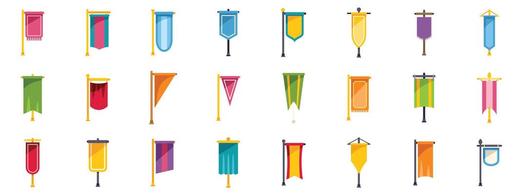 Set of colorful flags hanging from wooden poles