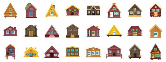 Set of wooden log cabins for rent in mountains or forest icon showing different architectural styles vector