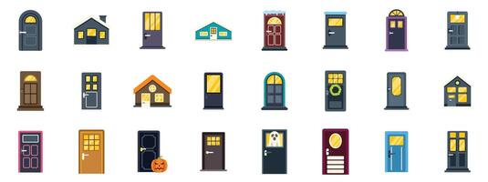 Large set of door icons showing different styles and colors for houses and buildings vector