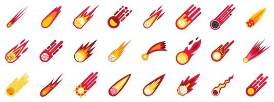 Set of falling meteorite icons with fire and smoke burning in space vector