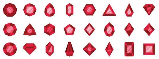 Set of red gems in different geometric shapes presenting facets vector