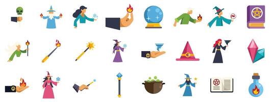 Wizards and witches using magic power set of vector illustrations depicting fantasy characters and objects