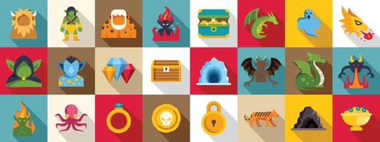 Guard treasure icons set. Fantasy rpg game colorful icons set showing monsters and treasures vector