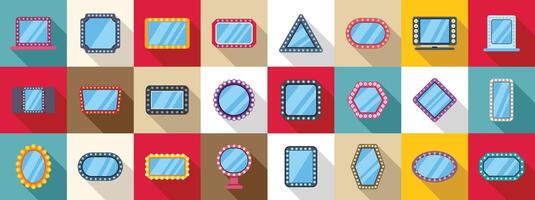 Theater makeup mirror icons set. Set of makeup mirror icons in flat style showing various shapes and sizes vector