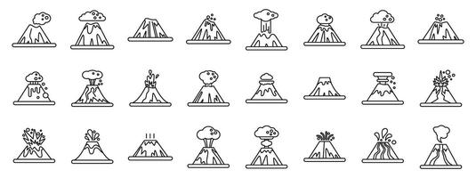 Volcano explosion icons set. Volcano erupting with smoke, ash, and lava flowing down its sides line icons set vector