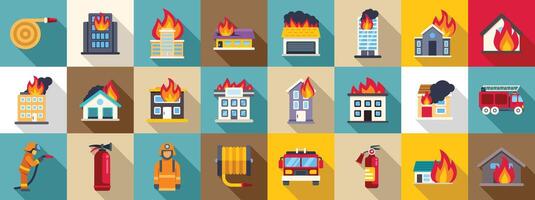 Burning building icons set. Fire in building icon set, flat style vector