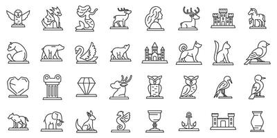 Ice sculpture icons set. Set of heraldry statues showing different animals, objects and mythical creatures line icons vector