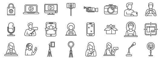 Product review blogger icons set. Bloggers and vloggers creating content, sharing and promoting products line icon set vector
