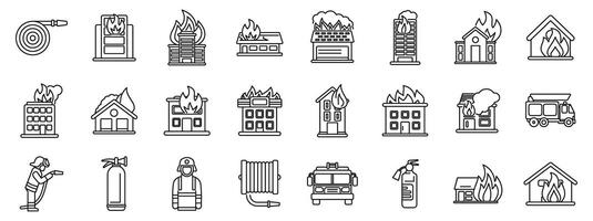 Burning building icons set. Firefighter extinguishing fire with extinguisher protecting building from burning down line icon set vector