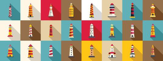 Beacon tower cliff icons set. Collection of various lighthouse icons in flat style with long shadow vector