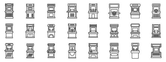 Retro arcade video game screen machine icons set. Large set of different arcade game cabinets with joysticks and buttons for playing in retro 8 bit style from 80s or 90s vector