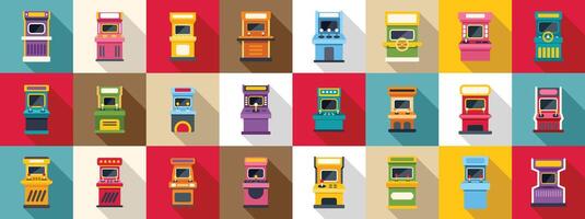 Retro arcade video game screen machine icons set. Large set of arcade game cabinets bringing back the nostalgia of the eighties vector