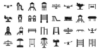 Kindergarten outdoor recreation area icons set. This set of icons features various pieces of playground equipment, all rendered in a simple, black and white style vector