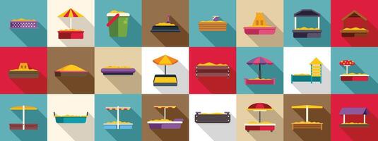 Sandbox icons set. Collection of sandboxes in different styles for children playing with sand in the park or yard vector