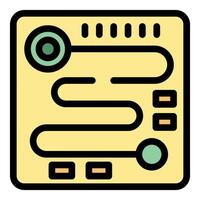 Yellow electronic circuit board with winding green lines and buttons icon vector