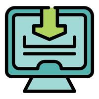 Computer displaying a downloading file with a green arrow vector