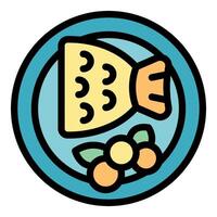 Cooked fish lying on plate with garnish of greens and lemon slices icon vector