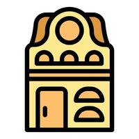Two storey building facade with balcony and arched windows icon vector outline