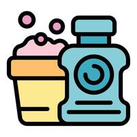 Laundry detergent bottle and basin filled with soapy water creating foam bubbles for clothes washing vector