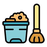 Cleaning tools bucket with soap and sponge and broom for housekeeping vector