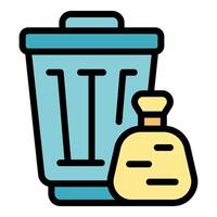 Blue trash can standing with garbage bag filled with trash vector