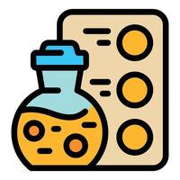 Scientist analyzing sample in flask with blister pack of pills for medical research vector