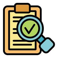 Magnifying glass showing check mark on clipboard for quality control and validation vector