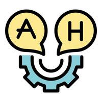 Language learning process icon depicting two speech bubbles entering a gear vector