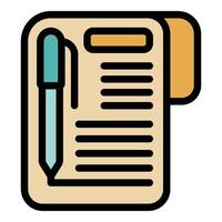 Minimalist vector illustration of a blue pen writing on a clipboard with lines, isolated on a white background