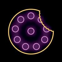 Neon sign representing a chocolate chip cookie with a bite missing vector