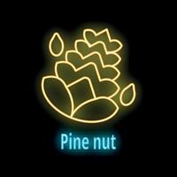 Glowing neon icon of pine nut falling from opened cone on black background vector