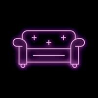 Purple neon light glowing on a black background depicting a sofa vector