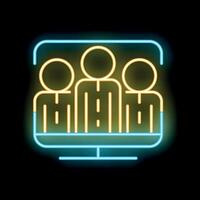 Neon icon of three business people having online meeting using computer vector