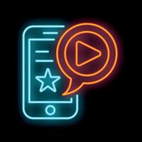 Neon sign showing smartphone displaying video streaming platform with five star rating vector
