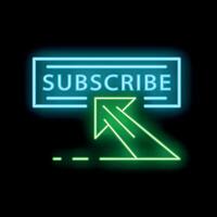 Neon sign of a subscribe button with an arrow pointing at it vector
