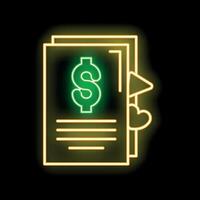 Neon green and yellow financial document icon with bookmarks on black background vector