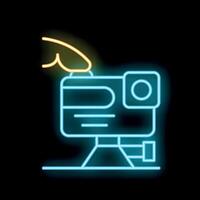 Neon sign of finger pushing record button on action camera vector