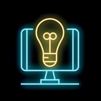 Glowing neon sign of light bulb on computer monitor screen vector