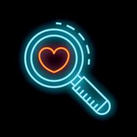 Neon magnifying glass showing red heart symbol on black background vector