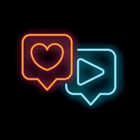 Neon icons of heart and play button forming a speech bubble vector