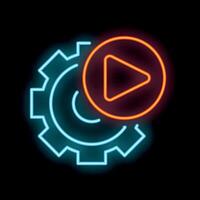 Neon icon of gear and play button representing automation of video content vector