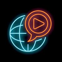 Neon icon of globe with play button inside speech bubble for streaming video concept vector