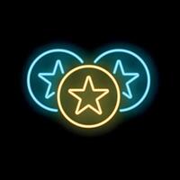 Neon sign depicting three round tokens with stars representing loyalty programs and customer rewards vector