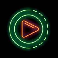 Neon play button glowing in green and red on black background vector