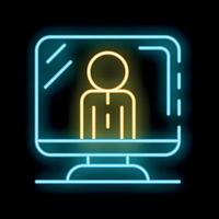 Neon computer icon showing businessman attending video conference call vector