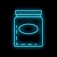 Neon blue shining glass jar with blank label on black background vector