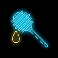 Blue neon honey dipper dripping with yellow honey drop on black background vector