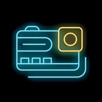 Glowing neon line credit card with chip icon isolated on black background, colorful outline concept vector