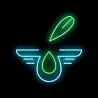 Neon icon of olive oil drop with leaf and wings on black background vector