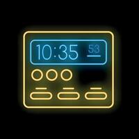 Glowing neon line icon showing a digital alarm clock with the time displayed on a screen vector